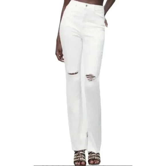 Zara Slim Flare Womens Distressed Knee Denim Jeans White Sz 4 - Picture 1 of 13
